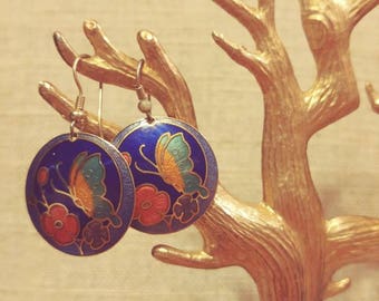 Vintage Butterfly Cloissonne Earrings