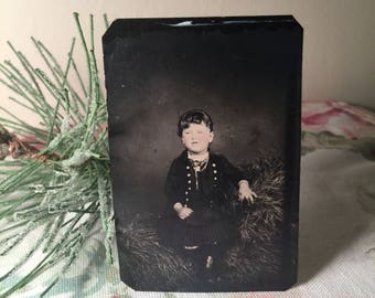 Vintage Tin Type Photo - Young Girl Sitting In Hay