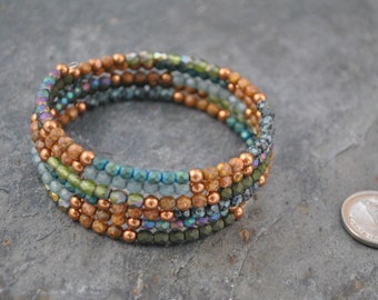 Faceted Czech Glass and Swarovski Pearl Five Strand Memory Wire Bracelet