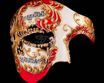 Men's Masquerade Mask, Red Phantom Mask, Gold Ivory Phantom of the Opera Mask, Mask with Music Notes, Masquerade Mask Men, Mardi Gras