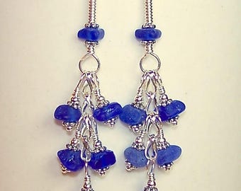 Genuine Sea Glass Earrings Cobalt Blue One of a Kind Silver Dangle Beach Glass Jewelry Gifts for Her