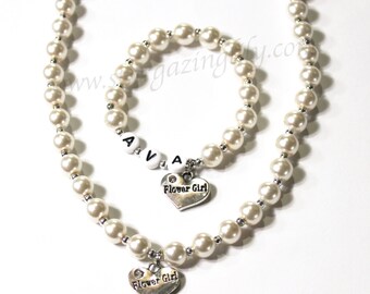 Flower Girl Necklace Bracelet Set Flower Girl Jewelry for little girls Flower Girl Charm name bracelet YOU CHOOSE pearl color Custom Jewelry
