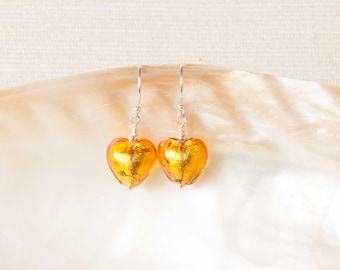 Glass Earrings, Gold Murano Earrings, Murano Heart Earrings, Venetian Glass Earrings, Sterling Silver Drop Earrings, Murano Glass, Uk Seller