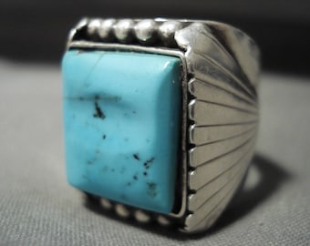 Huge And Heavy Vintage Navajo 'Squared Natural Turquoise' Silver Ring Old
