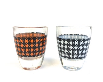 Mid Century Modern Houndstooth Shot Glasses from France / Colorful Vintage Shot Glass Set~ Orange, Black & White