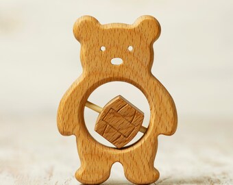 Wood Teether. Organic Wooden Rattle Toy Teddy bear. Baby wooden teether. Personalized gift