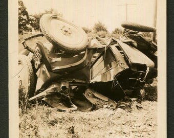 Vintage Snapshot Photo Mangled Wrecked Car 1930's, Original Found Photo, Vernacular Photography
