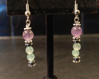 Amethyst & Green Aventurine Dangle Earrings // Silver-Plated and Hematite Spacers // Nickel-Free Hooks // Elegant and Dazzling