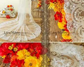 Long Trailing Cathedral Lace Appliques Single Layer Bridal Veil WV1003
