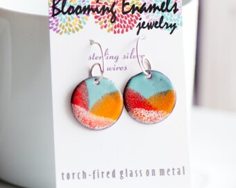 Copper Enamel Earrings in Bright Colors | Red Orange Aqua | Handmade Sterling Silver Ear Wires | Torch Fired Enamel | Fun Earrings