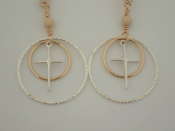Cross Earrings, 14k Yellow Gold Filled & Sterling Silver