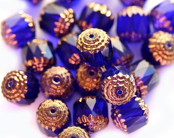 10mm Cobalt blue cathedral beads, czech glass with golden ends, large round ball beads - 10pc - 2987