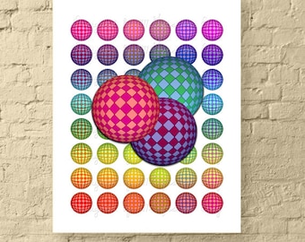 Rainbow Checkered 3D Spheres / 1 Inch Round Abstract Digital Collage Sheet / Bottle Cap Images // Printable, Instant Download!