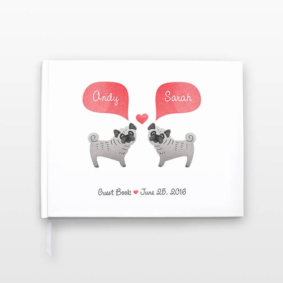 Pug Dog Wedding Guest Book, Landscape Wedding Guestbook, Animal Wedding Book, Horizontal Hardcover Personalized Notebook, Couple Journal