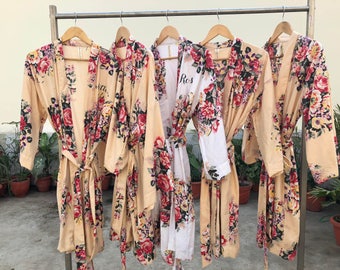 SALE Bridesmaids robes, cream floral robes, light yellow robes, pale yellow gowns, dull gold wraps, dusty gold gowns, getting ready robes