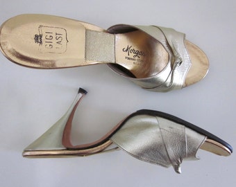 GIGI Last 50s Springolator style Gold Stiletto Shoes Mules // Handmade Vintage 50s 1950s // fits 6-7 N