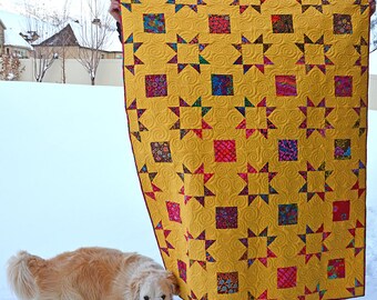 Modern quilt kaffe fassett yellow cloud 9 bright colors stars squares throw handmade patchwork blanket florals