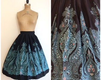 1950s Paisley Novelty Print Skirt 50s Border Print Cotton
