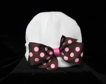 Newborn White Beanie / Hat With Brown & Pink Dot Bow Made And Ready To Ship