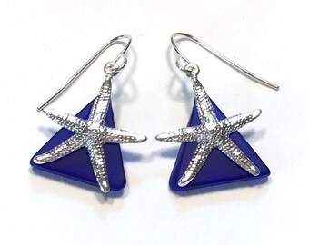Starfish Earrings Vibrant Blue Stained Glass