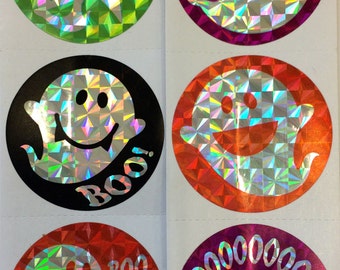 FREE SHIPPING - 50 Happy Halloween Foil Prism Ghost Stickers Party Favors Envelope Seals Teacher Supply