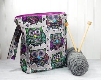 Owl knitting bag, crochet project bag, knitters gift, knitting zipper pouch, gift for knitter, Christmas gift, work in progress