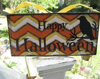 Hand Painted Distressed Chevron Happy Halloween Wood Sign with crow