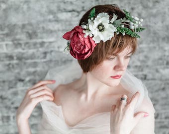 Bridal Floral Crown Wedding Boho Flower Crown Burgundy, Flower Crown Wedding Winter, Floral Headband Marsala Wedding Floral Crown Girls
