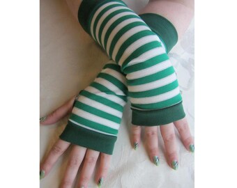 Green & White Striped Fingerless Gloves