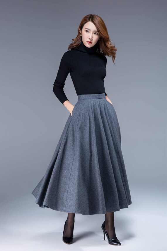 1950s skirt dark gray skirt wool skirt pleated skirt full
