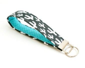 Cactus Keychain - Key Fob - 5 Inch Key Ring Wristlet - Loop Keyring - Cute Key Strap - Short Wrist Lanyard - Black, White, Aqua, Teal