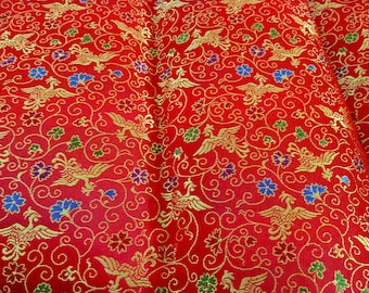Red Satin Brocade Chinese Print Fabric | 24 by 28 inches | red, gold, blue and purple