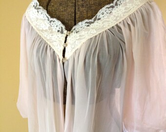 Vintage Peignoir Dressing Gown Pink Sheer 1960s by Radcliffe Women's Small Medium Beautiful