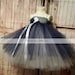 Navy and white flower girl dress layered empire style tea length dance, pageant dress with satin ribbon tie straps and flower accessory