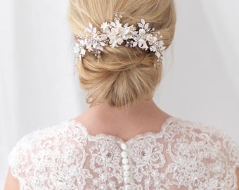Floral Bridal Back Comb, Rhinestone Bridal Hair Comb, Ivory Flower Hair Comb, Bridal Hair Accessory, Flower Comb, Bridal Hair Comb ~TC-2303