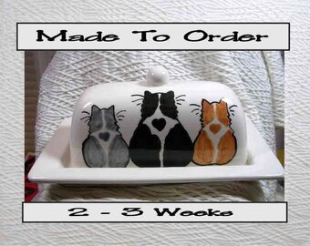 Three Cats On Ceramic Butter Dish Handpainted Original by Grace M Smith