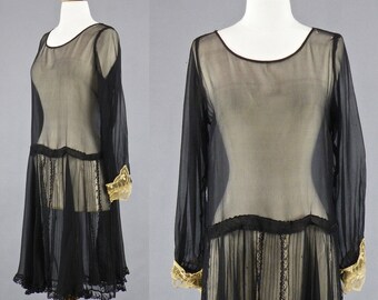 Vintage 1920s Dress, 20s Black Silk Lace Dress, Gatsby Dress, Drop Waist