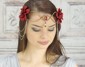 Elven Crown, Silver and Red, Elven Headdress, Fairy Crown, Costume Headpiece, Headdress, Flower Crown, Floral Crown, Woodland
