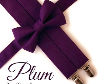 Plum Bow Tie and Suspenders: Plum Suspenders for Men, Toddler Suspenders, Boys Plum Bow Tie, Purple, Ring Bearer Gift, Bow tie for Adults