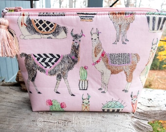Llama Fabric Makeup Bag | Cute Llama and Cactus Fabric | Lined Makeup Bag | Colorful Makeup Bag | Small Gift Under 20 | Camera Accessory Bag