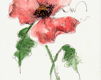 Original Watercolor Poppy Flower Art Hand Painted Red Poppy Flower Art Pen and Ink