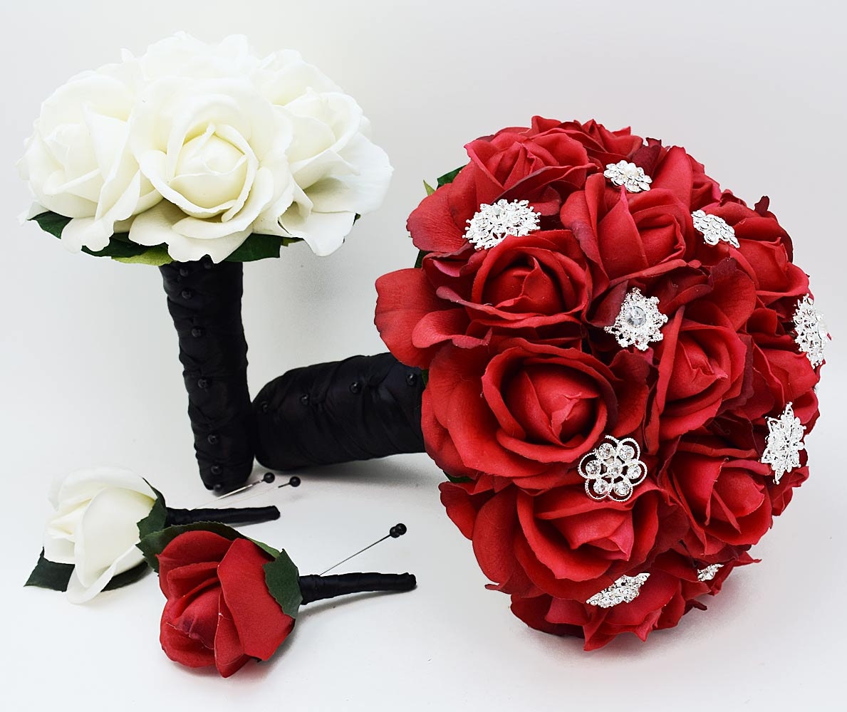 Bridal Bouquet Red Roses And Rhinestones Black White Bridal Bouquet Red Roses And Rhinestones Black White