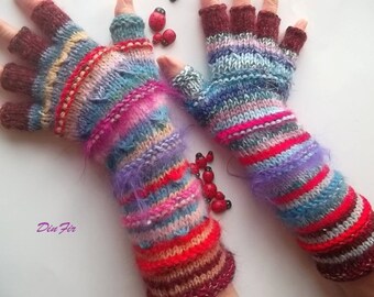 Women Size L 20% OFF Gloves Fingered Mittens Wrist Warmers Winter Hand Knitted Arm Ready To Ship Half Fingers Gift Multicolor Striped 73