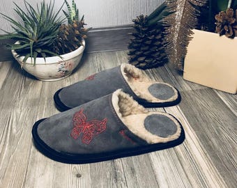 Butterfly slippers, grey slippers, gray slippers, leather slippers, wool slippers, warm slippers, closed toe slippers, slippers for women