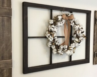 Farmhouse Decor, Shutter Wall Decor, Window Frame, Cotton Wreath, Magnolia Wreath