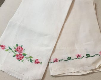 2 Hand embroidered hand towels vintage shabby chic