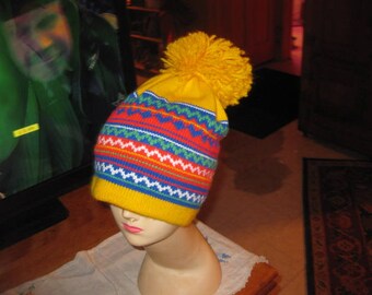 vtg Fair of Isle ski nordic giant pom beanie yellow blue red warm vtg free ship
