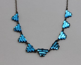 Art Deco Blue Mirrored Stepped Glass Necklace / Antique 1920s Vauxhall Glass Choker Necklace