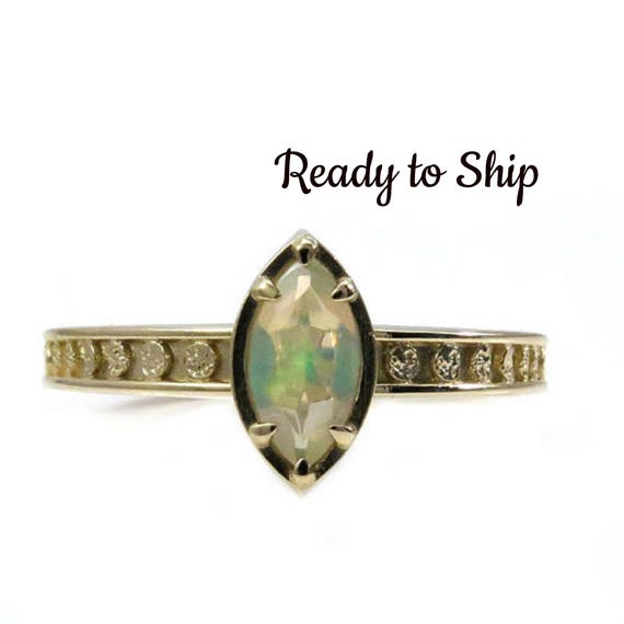 Ready to Ship Size 6-8 Opal Marquise Moon Phase Yellow Gold Solitaire Engagement Ring - Fine Bohemian Jewelry