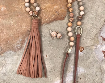 Leather tassel pendant on a picture jasper and leather necklace with matching earrings